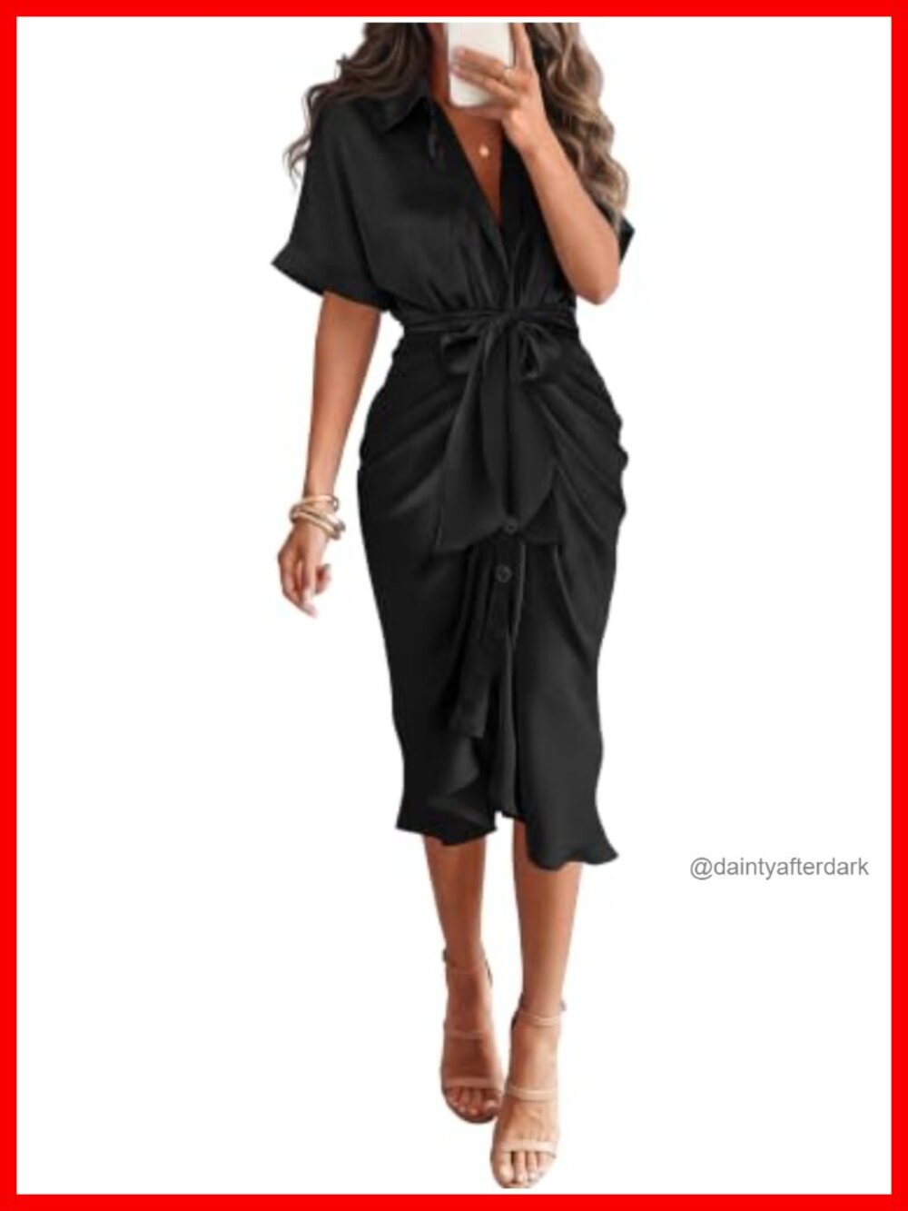 Satin Maxi Dress Short Sleeve Button Down Tie Waist Business Casual